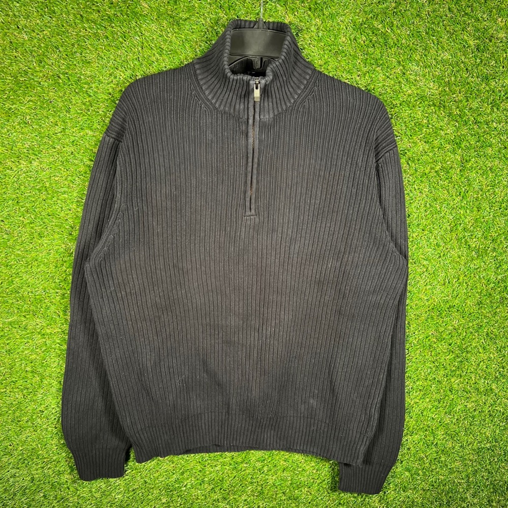 Calvin Klein Mens Large Black Ribbed 100% Cotton Quarter Zip Pullover Sweater